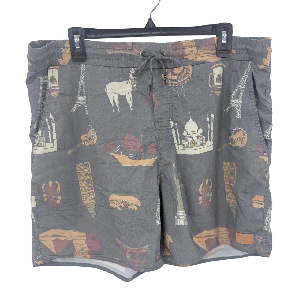 Brixton Mens Gray World Landmarks Print Elastic Waist Drawstring‎ Shorts L 18in